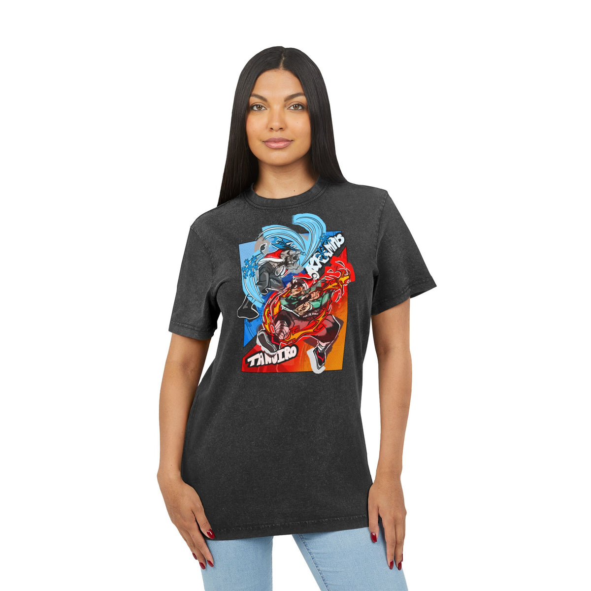 Krampus vs Tanjiro Graphic Tee — Acid Washed Round Neck