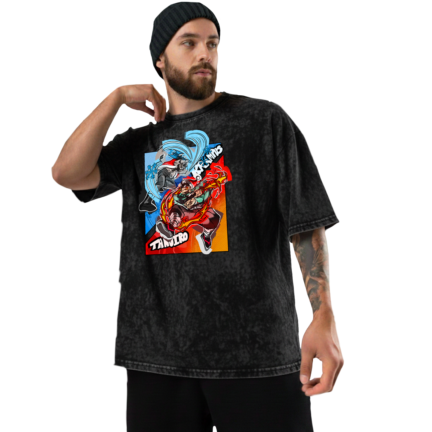 Krampus vs Tanjiro Graphic Tee — Acid Washed Round Neck