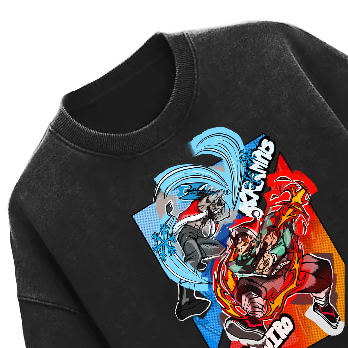 Krampus vs Tanjiro Graphic Tee — Acid Washed Round Neck