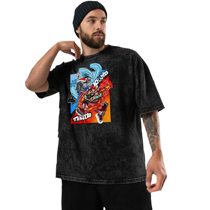 Krampus vs Tanjiro Graphic Tee — Acid Washed Round Neck